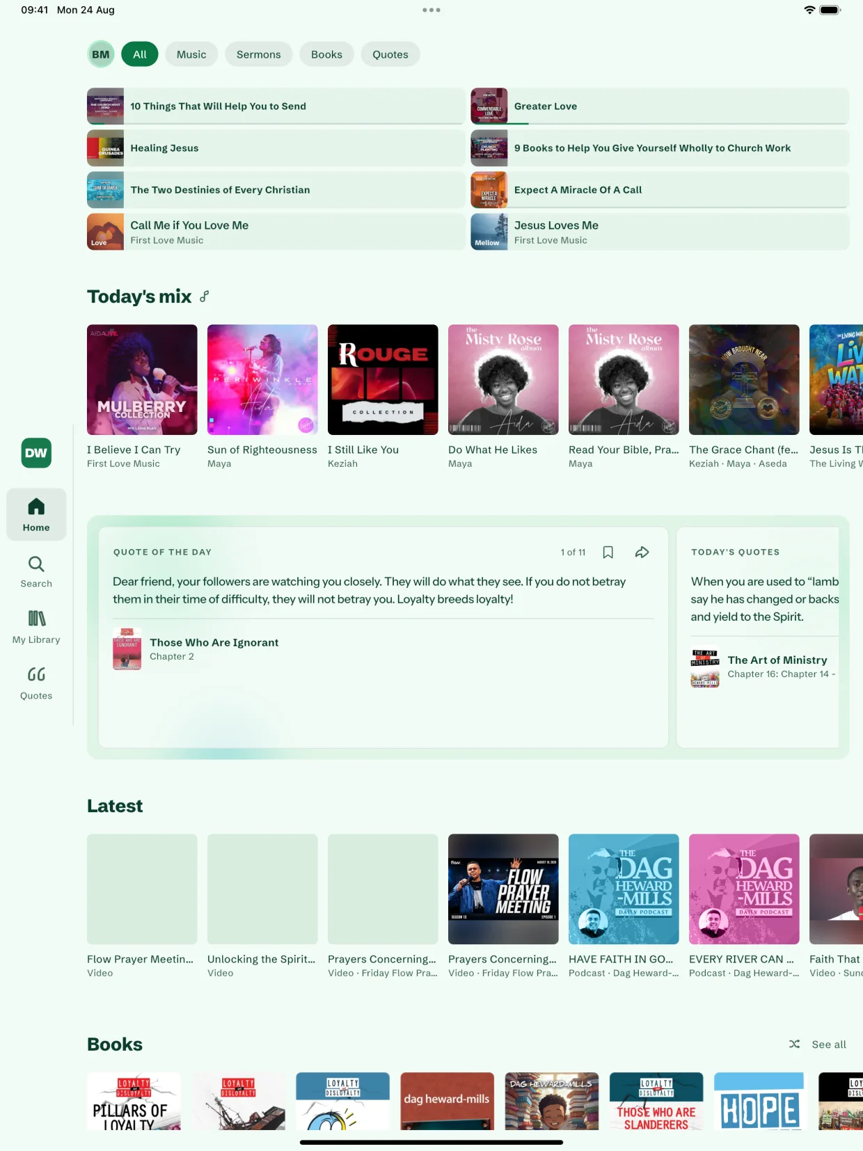 DagWorld on iPad: the home screen with music, sermons, books and quotes